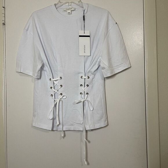 NEW! SPORTMAX PEPLO WHITE CORSET LACEUP CREW NECK TSHIRT SIZE SMALL $310 - Picture 10 of 11